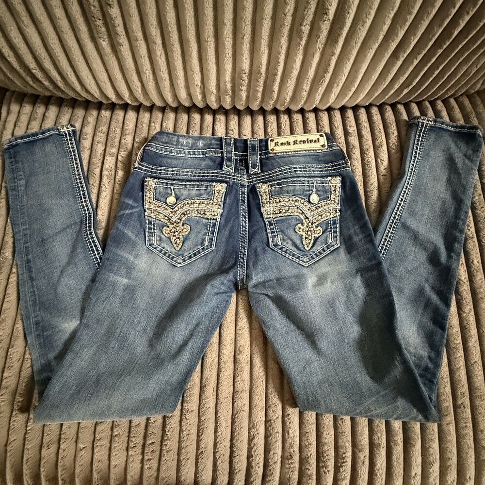 Rock Revival Betty Skinny Jeans Embellished Flap Pockets Blue Womenโs 26x30
